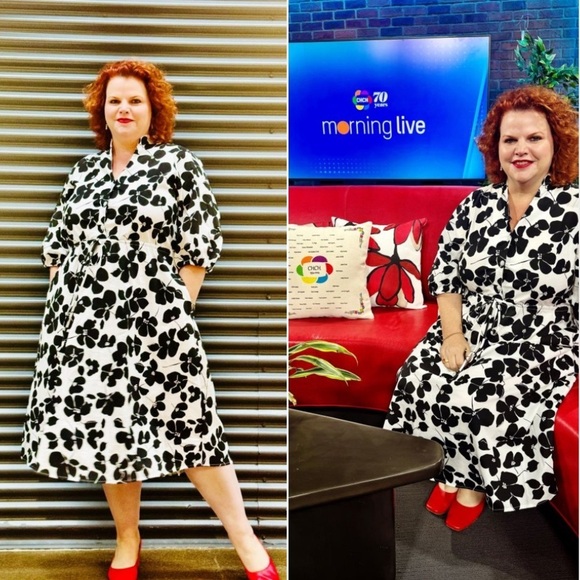 BLACK + WHITE FLORAL  A-LINE LIGHTWEIGHT DRESS CINCH WAIST V-NECK SIZE 14 - Picture 2 of 9